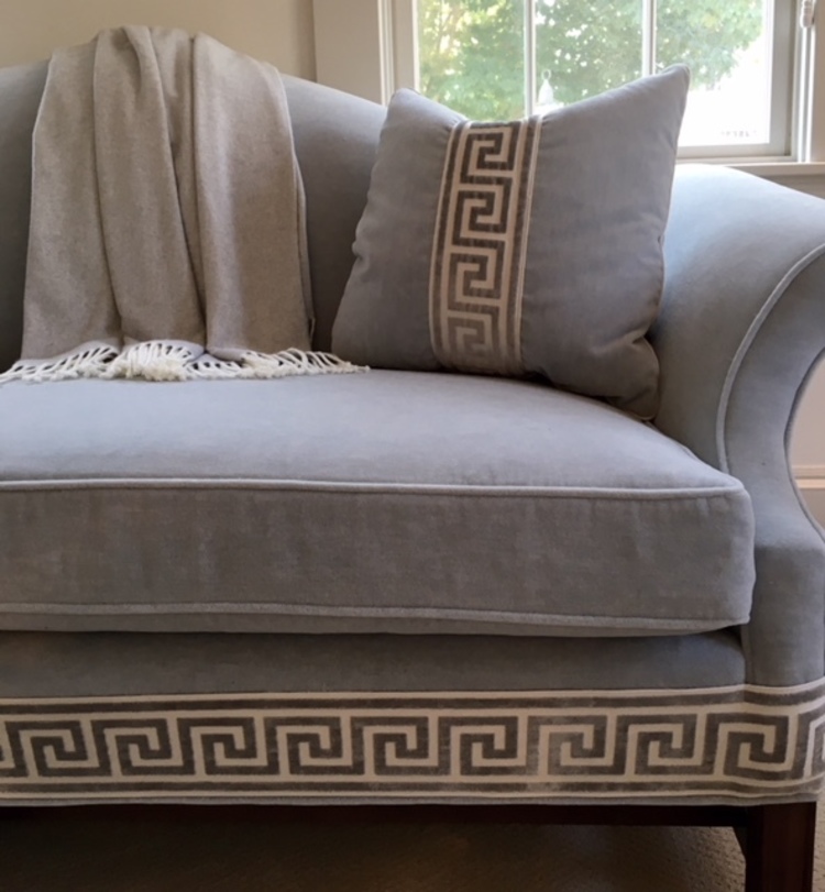 Upholstered Mohair and Greek Key Trim